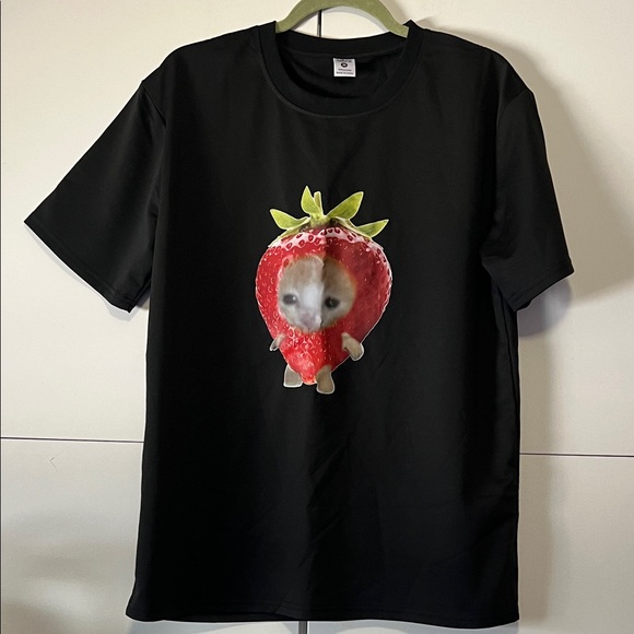 Tops - Black  T-Shirt with Strawberry Cat Design